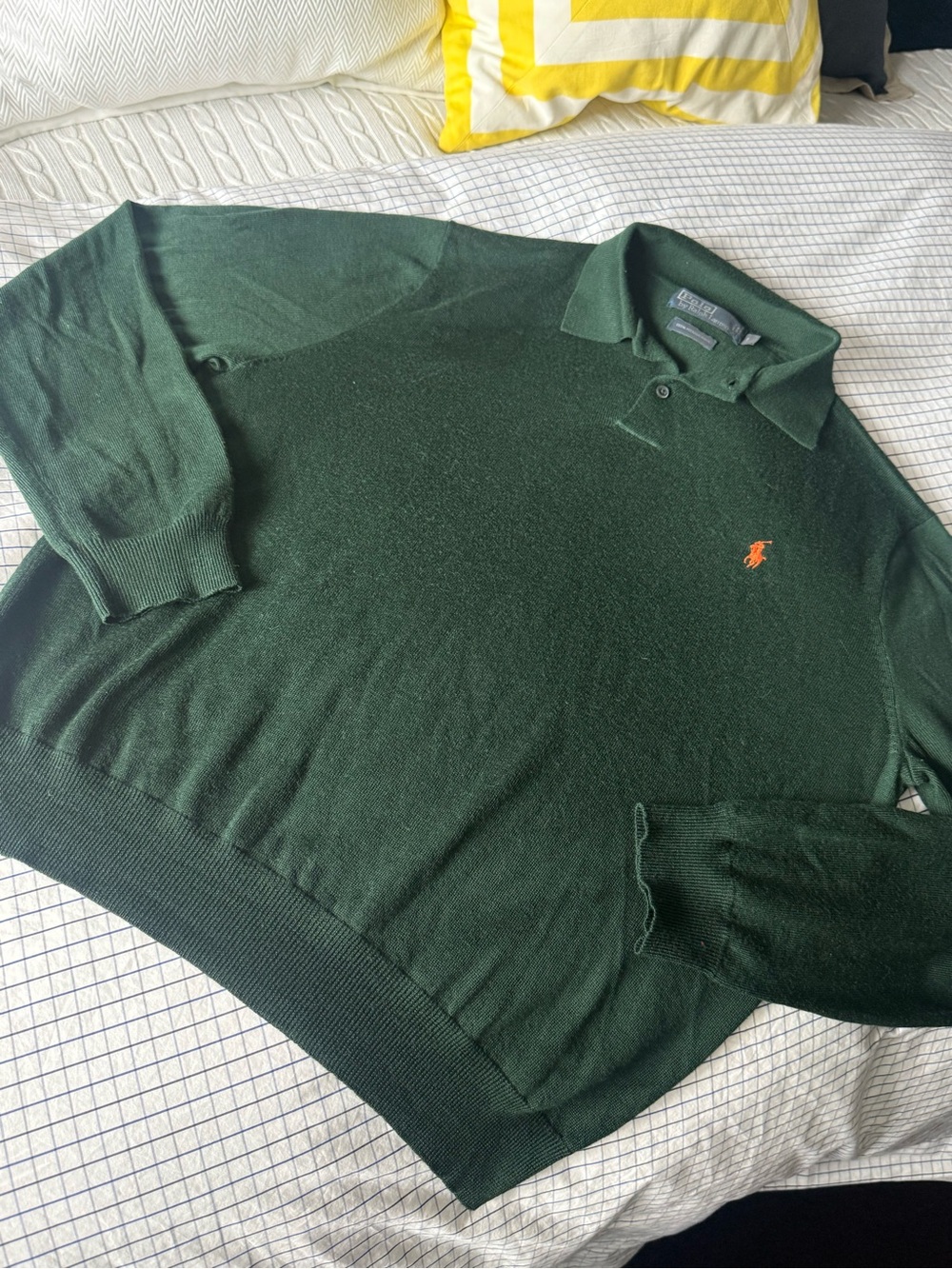 Polo by Ralph Lauren Dark Green 100% Merino Wool Polo Sweater with Orange Pony
